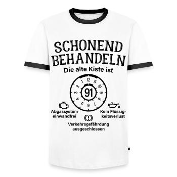 91. Geburtstag Schonend Behandeln Alte Kiste 91 - Männer Kontrast-T-Shirt - Weiß/Schwarz - Vorne - AI Model Female 172 light (172cm) & AI Model Male 178 dark (178cm)