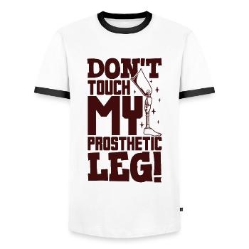 Do not touch my prosthesis - leg prosthesis - Men's Ringer Shirt - white/black - Front - AI Model Female 172 light (172cm) & AI Model Male 178 dark (178cm)