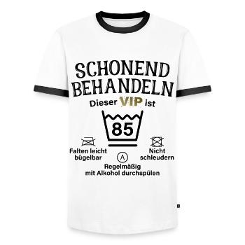 85. Geburtstag Schonend Behandeln 85 VIP ist 85 - Männer Kontrast-T-Shirt - Weiß/Schwarz - Vorne - AI Model Female 172 light (172cm) & AI Model Male 178 dark (178cm)