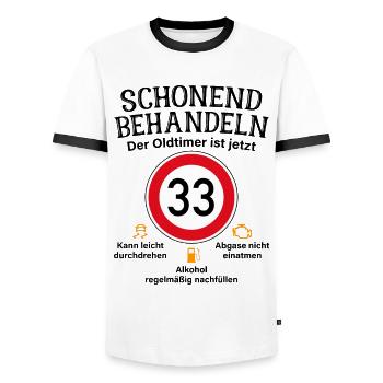 33. Geburtstag Schonend Behandeln Oldtimer Ist 33 - Männer Kontrast-T-Shirt - Weiß/Schwarz - Vorne - AI Model Female 172 light (172cm) & AI Model Male 178 dark (178cm)