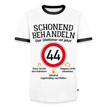 44. Geburtstag Schonend Behandeln Oldtimer Ist 44 - Männer Kontrast-T-Shirt - Weiß/Schwarz - Vorne - AI Model Female 172 light (172cm) & AI Model Male 178 dark (178cm)