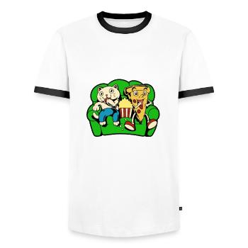 Cat and pizza eat popcorn - Men's Ringer Shirt - white/black - Front - AI Model Female 172 light (172cm) & AI Model Male 178 dark (178cm)
