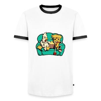 Chicken and pizza eating popcorn - Men's Ringer Shirt - white/black - Front - AI Model Female 172 light (172cm) & AI Model Male 178 dark (178cm)