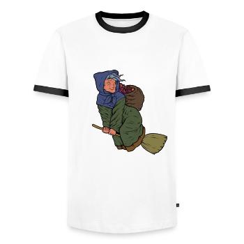 Mit Weihnachtsgeschenken auf Besen - Befana - Männer Kontrast-T-Shirt - Weiß/Schwarz - Vorne - AI Model Female 172 light (172cm) & AI Model Male 178 dark (178cm)