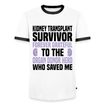 Sensibilisation à la transplantation rénale et aux maladies cancéreuses - T-shirt contrasté Homme - blanc/noir - Devant - AI Model Female 172 light (172cm) & AI Model Male 178 dark (178cm)