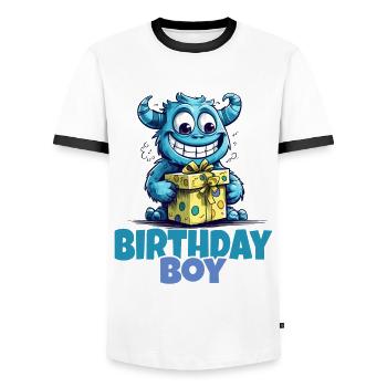 Garçon d’anniversaire, monstre mignon avec cadeau - T-shirt contrasté Homme - blanc/noir - Devant - AI Model Female 172 light (172cm) & AI Model Male 178 dark (178cm)