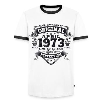 50e anniversaire homme April Né en 1973 Original - T-shirt contrasté Homme - blanc/noir - Devant - AI Model Female 172 light (172cm) & AI Model Male 178 dark (178cm)