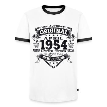 69th birthday man April Born 1954 Original - Men's Ringer Shirt - white/black - Front - AI Model Female 172 light (172cm) & AI Model Male 178 dark (178cm)
