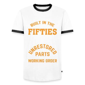 Built In Fifties 50's Birthday - Men's Ringer Shirt - white/black - Front - AI Model Female 172 light (172cm) & AI Model Male 178 dark (178cm)