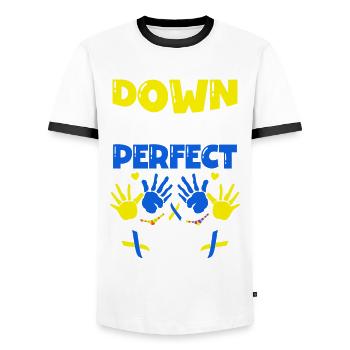 Down Right Perfect Down Syndrome Awareness - Men's Ringer Shirt - white/black - Front - AI Model Female 172 light (172cm) & AI Model Male 178 dark (178cm)