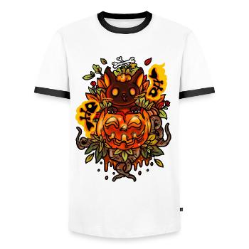 Cat from creepy Halloween pumpkin with ghosts - Men's Ringer Shirt - white/black - Front - AI Model Female 172 light (172cm) & AI Model Male 178 dark (178cm)
