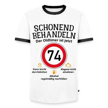 74. Geburtstag Schonend Behandeln Oldtimer Ist 74 - Männer Kontrast-T-Shirt - Weiß/Schwarz - Vorne - AI Model Female 172 light (172cm) & AI Model Male 178 dark (178cm)