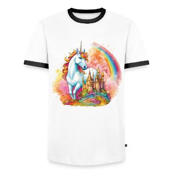 Einhorn Regenbogen Schloss Bunt Magie Fantasie - Männer Kontrast-T-Shirt - Weiß/Schwarz - Vorne - AI Model Female 172 light (172cm) & AI Model Male 178 dark (178cm)