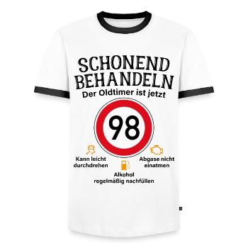 98. Geburtstag Schonend Behandeln Oldtimer Ist 98 - Männer Kontrast-T-Shirt - Weiß/Schwarz - Vorne - AI Model Female 172 light (172cm) & AI Model Male 178 dark (178cm)