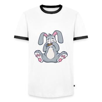 Rabbit plays harmonica - Men's Ringer Shirt - white/black - Front - AI Model Female 172 light (172cm) & AI Model Male 178 dark (178cm)
