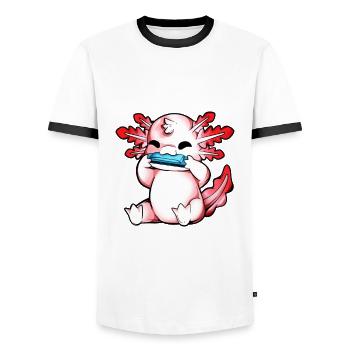Axolotl plays harmonica - Men's Ringer Shirt - white/black - Front - AI Model Female 172 light (172cm) & AI Model Male 178 dark (178cm)