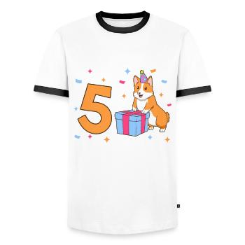 With Corgi - Girl's Birthday 5 Years - Men's Ringer Shirt - white/black - Front - AI Model Female 172 light (172cm) & AI Model Male 178 dark (178cm)