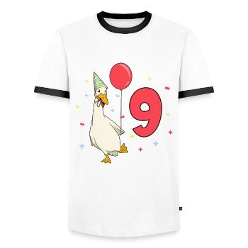 Mit Laufente - Kinder Geburtstag 9 Jahre - Männer Kontrast-T-Shirt - Weiß/Schwarz - Vorne - AI Model Female 172 light (172cm) & AI Model Male 178 dark (178cm)