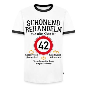 42. Geburtstag Schonend Behandeln 42 Alte Kiste 42 - Männer Kontrast-T-Shirt - Weiß/Schwarz - Vorne - AI Model Female 172 light (172cm) & AI Model Male 178 dark (178cm)