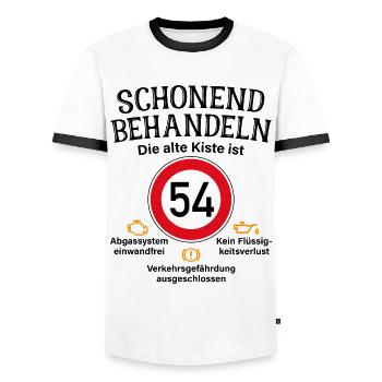 54. Geburtstag Schonend Behandeln 54 Alte Kiste 54 - Männer Kontrast-T-Shirt - Weiß/Schwarz - Vorne - AI Model Female 172 light (172cm) & AI Model Male 178 dark (178cm)