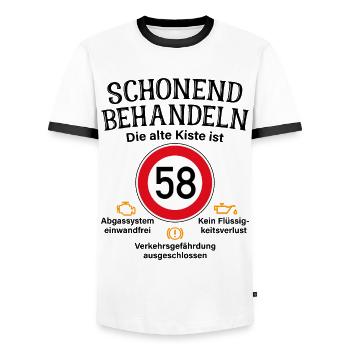 58. Geburtstag Schonend Behandeln 58 Alte Kiste 58 - Männer Kontrast-T-Shirt - Weiß/Schwarz - Vorne - AI Model Female 172 light (172cm) & AI Model Male 178 dark (178cm)