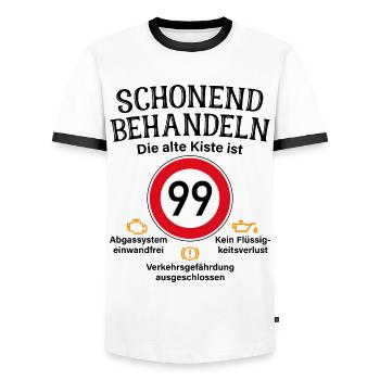 99. Geburtstag Schonend Behandeln 99 Alte Kiste 99 - Männer Kontrast-T-Shirt - Weiß/Schwarz - Vorne - AI Model Female 172 light (172cm) & AI Model Male 178 dark (178cm)