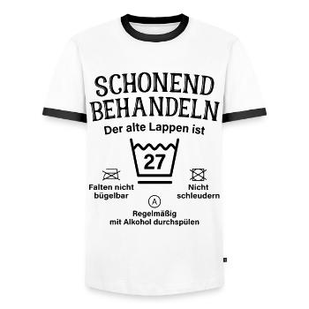 27. Geburtstag Schonend Behandeln Alte Lappen 27 - Männer Kontrast-T-Shirt - Weiß/Schwarz - Vorne - AI Model Female 172 light (172cm) & AI Model Male 178 dark (178cm)