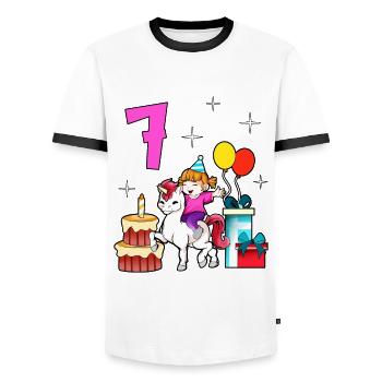 With Unicorn - Girl Birthday 7 Years - Men's Ringer Shirt - white/black - Front - AI Model Female 172 light (172cm) & AI Model Male 178 dark (178cm)