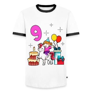 Mit Einhorn - Mädchen Geburtstag 9 Jahre - Männer Kontrast-T-Shirt - Weiß/Schwarz - Vorne - AI Model Female 172 light (172cm) & AI Model Male 178 dark (178cm)