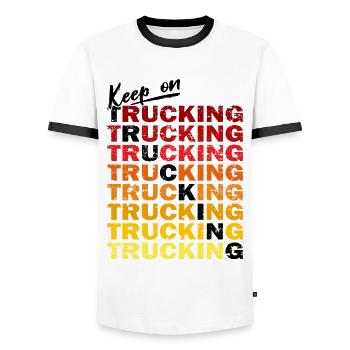 Keep on Trucking - Color Change - Men's Ringer Shirt - white/black - Front - AI Model Female 172 light (172cm) & AI Model Male 178 dark (178cm)