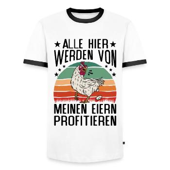 Profitiere Von Meinen Eiern - Lustiger Huhn Spruch - Männer Kontrast-T-Shirt - Weiß/Schwarz - Vorne - AI Model Female 172 light (172cm) & AI Model Male 178 dark (178cm)