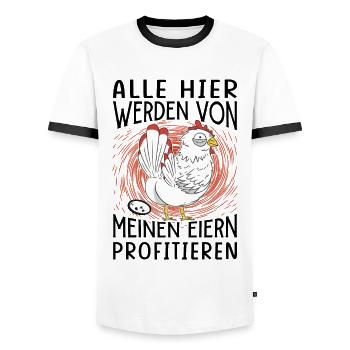 Profitiere Von Meinen Eiern - Lustiger Huhn Spruch - Männer Kontrast-T-Shirt - Weiß/Schwarz - Vorne - AI Model Female 172 light (172cm) & AI Model Male 178 dark (178cm)