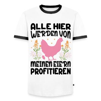 Profitiere Von Meinen Eiern - Lustiger Huhn Spruch - Männer Kontrast-T-Shirt - Weiß/Schwarz - Vorne - AI Model Female 172 light (172cm) & AI Model Male 178 dark (178cm)