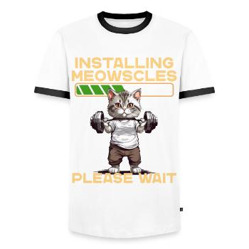 Meowscles Lustiges Katzen Bodybuilder Workout - Männer Kontrast-T-Shirt - Weiß/Schwarz - Vorne - AI Model Female 172 light (172cm) & AI Model Male 178 dark (178cm)