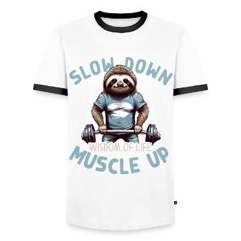 Paresseux Workout Dire Fitness avec un sourire - T-shirt contrasté Homme - blanc/noir - Devant - AI Model Female 172 light (172cm) & AI Model Male 178 dark (178cm)