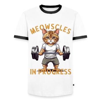Katzen Bodybuilder "Meowscles in progress" Spruch - Männer Kontrast-T-Shirt - Weiß/Schwarz - Vorne - AI Model Female 172 light (172cm) & AI Model Male 178 dark (178cm)