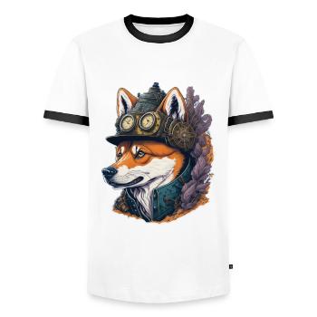 Steampunk Shiba Inu Retro Dogs Design - Men's Ringer Shirt - white/black - Front - AI Model Female 172 light (172cm) & AI Model Male 178 dark (178cm)