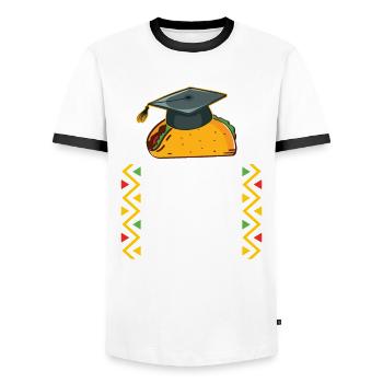Cérémonie de remise des diplômes Let’s Taco Bout - T-shirt contrasté Homme - blanc/noir - Devant - AI Model Female 172 light (172cm) & AI Model Male 178 dark (178cm)