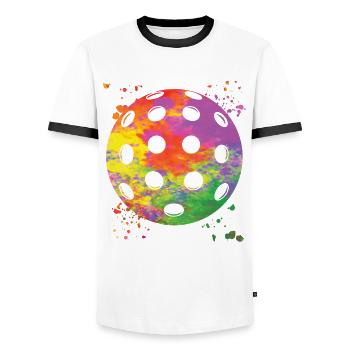 Pickleball Colorsplash Wiffleball Club - Men's Ringer Shirt - white/black - Front - AI Model Female 172 light (172cm) & AI Model Male 178 dark (178cm)