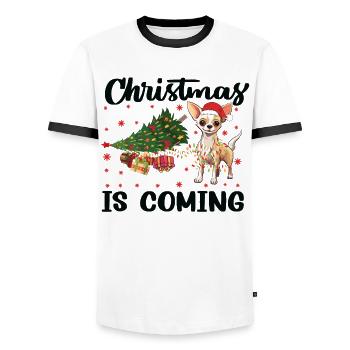 Christmas Is Coming Dog Version - Men's Ringer Shirt - white/black - Front - AI Model Female 172 light (172cm) & AI Model Male 178 dark (178cm)