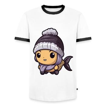 Poisson, Hiver, Animal, Bébé, Anime - T-shirt contrasté Homme - blanc/noir - Devant - AI Model Female 172 light (172cm) & AI Model Male 178 dark (178cm)