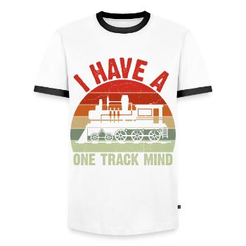 Train Single Line Mind Railroad Locomotive - Men's Ringer Shirt - white/black - Front - AI Model Female 172 light (172cm) & AI Model Male 178 dark (178cm)