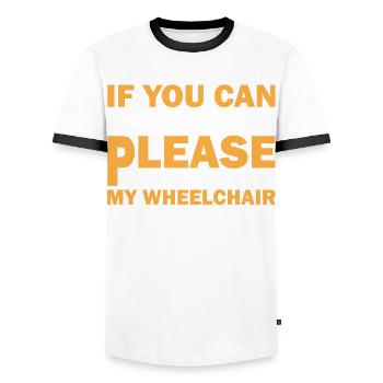 Déguisement de fauteuil roulant handicapé pour survivants d’amputation - T-shirt contrasté Homme - blanc/noir - Devant - AI Model Female 172 light (172cm) & AI Model Male 178 dark (178cm)