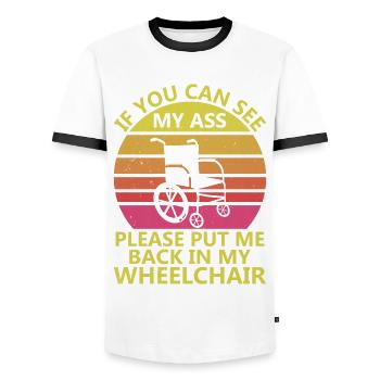 Déguisement de fauteuil roulant handicapé pour survivants d’amputation - T-shirt contrasté Homme - blanc/noir - Devant - AI Model Female 172 light (172cm) & AI Model Male 178 dark (178cm)