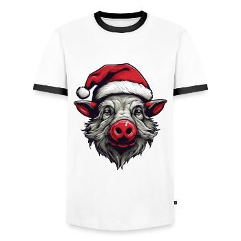Wild Boar Christmas Animal Portrait Xmas - Men's Ringer Shirt - white/black - Front - AI Model Female 172 light (172cm) & AI Model Male 178 dark (178cm)