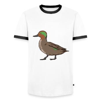 Dessin d’une sarcelle d’hiver - T-shirt contrasté Homme - blanc/noir - Devant - AI Model Female 172 light (172cm) & AI Model Male 178 dark (178cm)