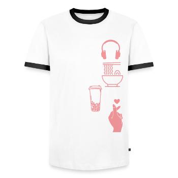 K-Pop Fan Gift Korean Pop Music - Men's Ringer Shirt - white/black - Front - AI Model Female 172 light (172cm) & AI Model Male 178 dark (178cm)