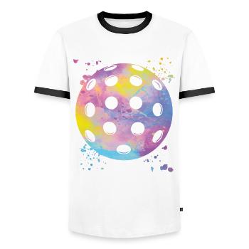Pickleball Colorsplash Wiffleball Club - Men's Ringer Shirt - white/black - Front - AI Model Female 172 light (172cm) & AI Model Male 178 dark (178cm)