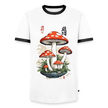Vintage Japan Toadstool Mushroom Picker Art - Men's Ringer Shirt - white/black - Front - AI Model Female 172 light (172cm) & AI Model Male 178 dark (178cm)
