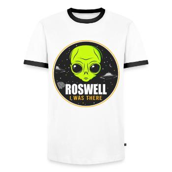 Alien, UFO, UAP, Space, Weltraum Flugobjekt - Männer Kontrast-T-Shirt - Weiß/Schwarz - Vorne - AI Model Female 172 light (172cm) & AI Model Male 178 dark (178cm)